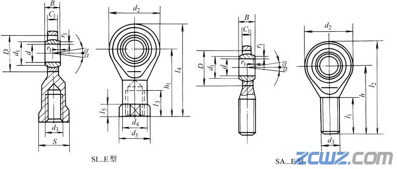 SI…E、SA…E、SI…ES、SA…ES型杆端关节轴承的结构型式和外形尺寸