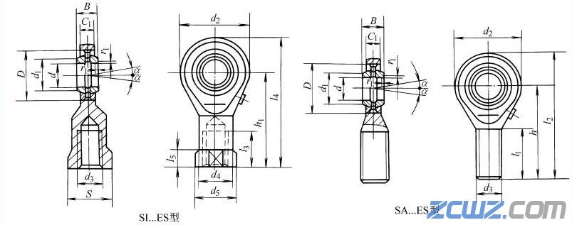SI…E、SA…E、SI…ES、SA…ES型杆端关节轴承的结构型式和外形尺寸